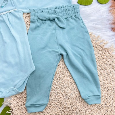Conj. Body Manga Longa com Flores Bordadas e Calça - Verde